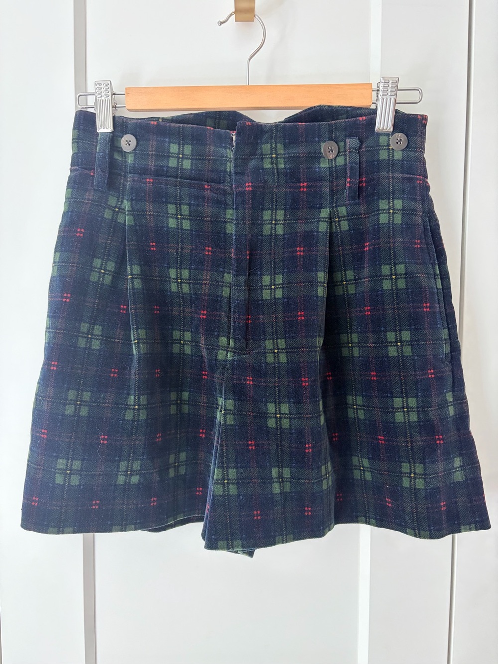 Ralph Lauren 90’s Velvet Navy and Green Tartan High Rise Plaid Shorts | 6